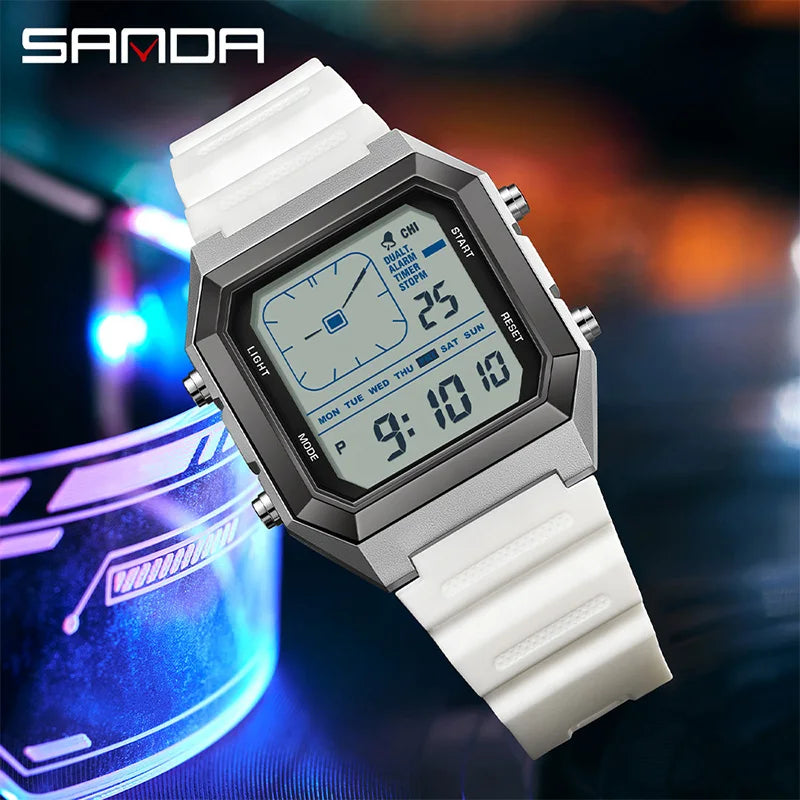 SANDA 6307 New Men's Digital Multifunctional Night Light Timer Calendar Outdoor Sports Waterproof Student Electronic Watch reloj