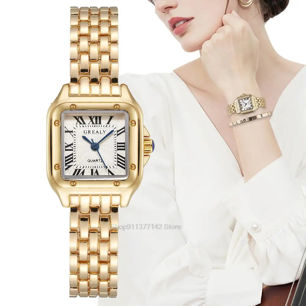 2025 Luxury Women's Fashion Square Watches Gold Alloy Strap Ladies Quartz Wristwatches Qualities Female Roman Scale Clock