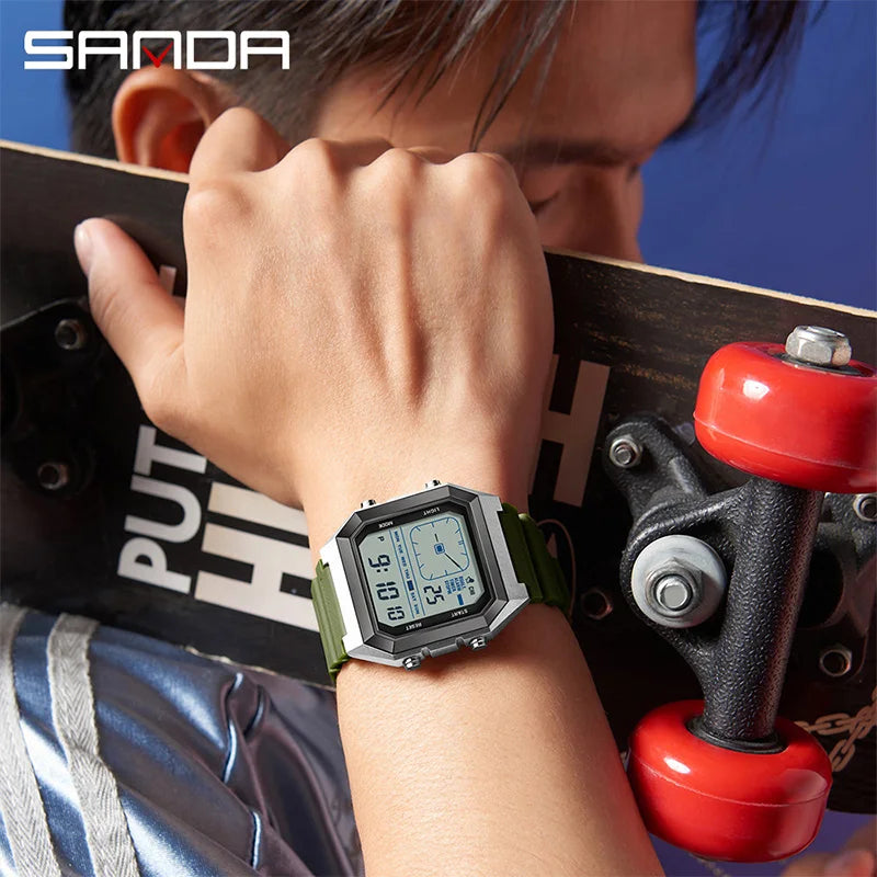 SANDA 6307 New Men's Digital Multifunctional Night Light Timer Calendar Outdoor Sports Waterproof Student Electronic Watch reloj