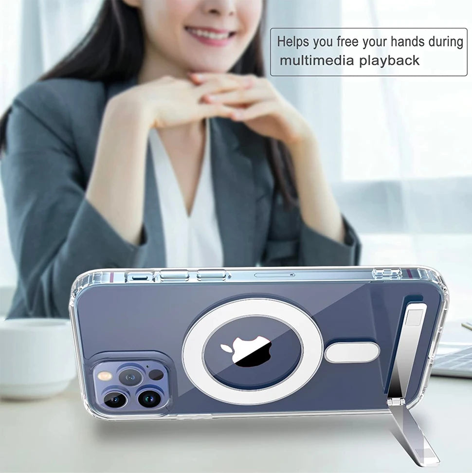 Stand Clear Magnetic Phone Case for iPhone 17 Pro Max Air 13 12 Mini 16 15 14 11 Cases with Kickstand Transparent Holder Cover
