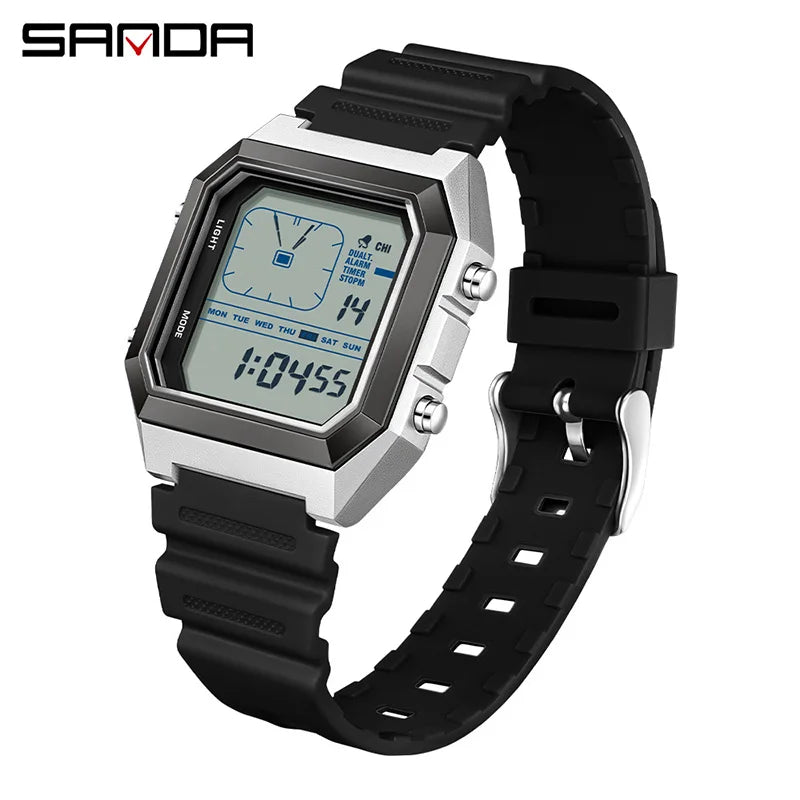 SANDA 6307 New Men's Digital Multifunctional Night Light Timer Calendar Outdoor Sports Waterproof Student Electronic Watch reloj